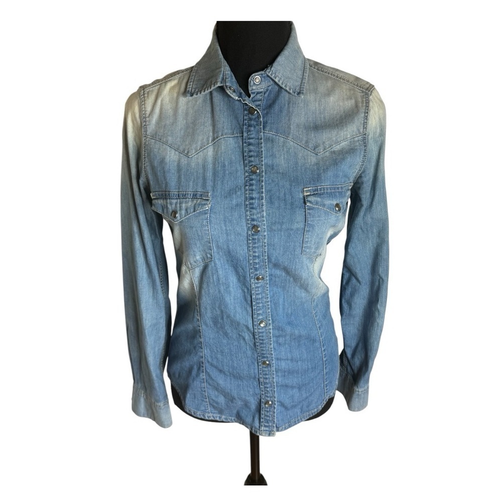 Zara Basic Dept. Z1975 Snap Button Western Style Women's Blue Denim Shirt